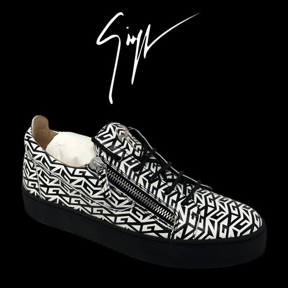 NWB Men's GIUSEPPE ZANOTTI London GZ Logo Double Zip Sneaker, Size 10 Blk/White - Picture 1 of 6